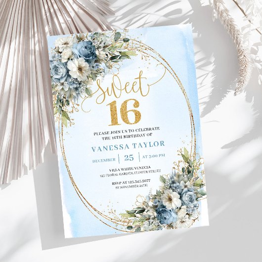 Enchanting Dusty Blue Floral Sweet Sixteen Invites 招待状