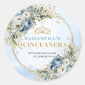 Enchanting Dusty Blue Gold Greenery Quinceañera   ラウンドシール (正面)