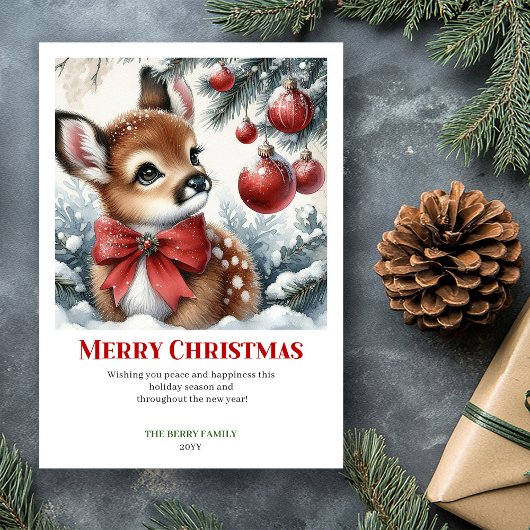 Enchanting Fawn Watercolor Christmas Forest Card  シーズンカード
