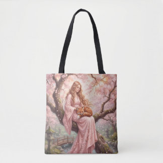 Enchanting Fox & Lady Under Cherry Blossoms Tote B トートバッグ