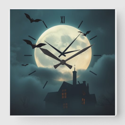 Enchanting Haunted Moon Clock | Luxury Gothic Art スクエア壁時計 (正面)