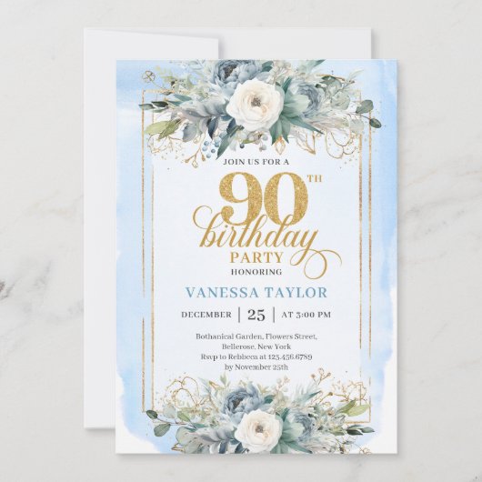 Enchanting light blue gold look 90th birthday  招待状 (正面)