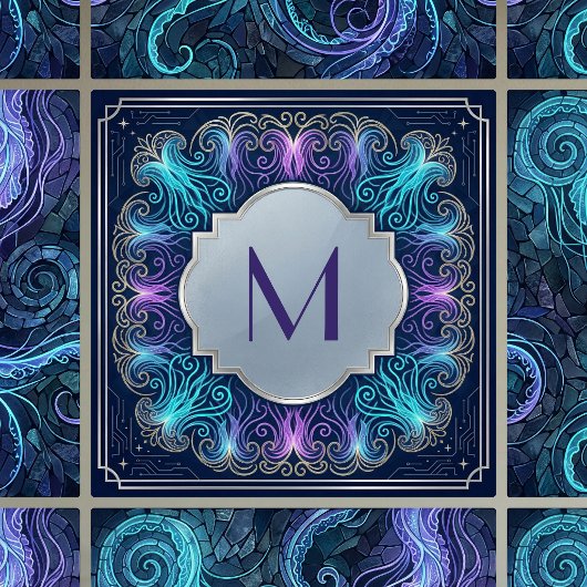 Enchanting Monogram Teal Purple Swirls Decorative タイル