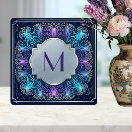 Enchanting Monogram Teal Purple Swirls Decorative タイル