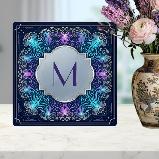 Enchanting  Monogram Teal Purple Swirls Decorative タイル