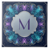Enchanting  Monogram Teal Purple Swirls Decorative タイル (正面)