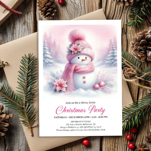 Enchanting Pink Snowman Kids Christmas Invitation 招待状