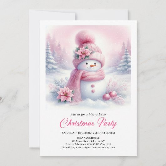 Enchanting Pink Snowman Kids Christmas Invitation 招待状 (正面)