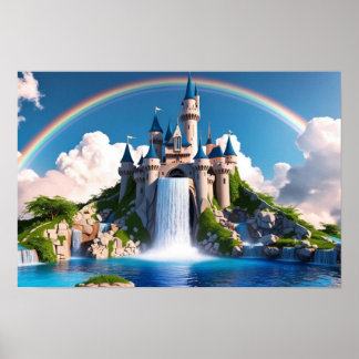 Enchanting Rainbow Castle & Cascading Waterfalls ポスター