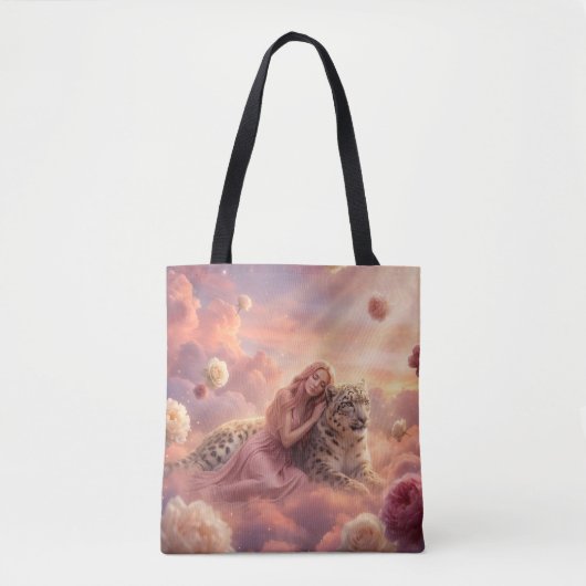 Enchanting Snow Leopard and Woman in Clouds トートバッグ (正面)