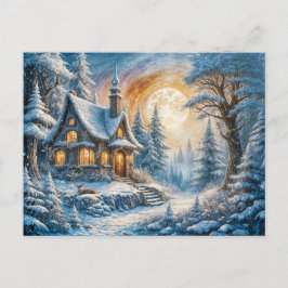 Enchanting Winter Cottage in Moonlight ポストカード