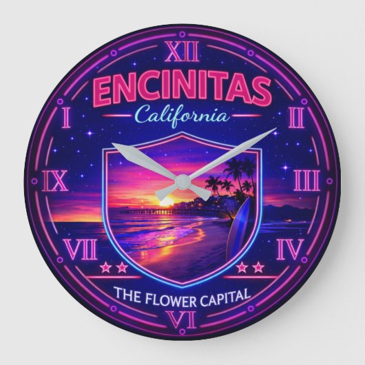Encinitas California Coastal Sunset Neon ラージ壁時計 (正面)