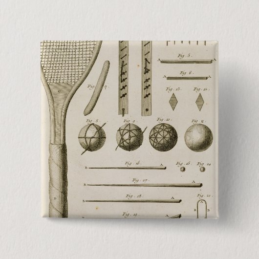 「Encycからのテニスラケットおよびビリヤードの手掛り、 缶バッジ (正面)