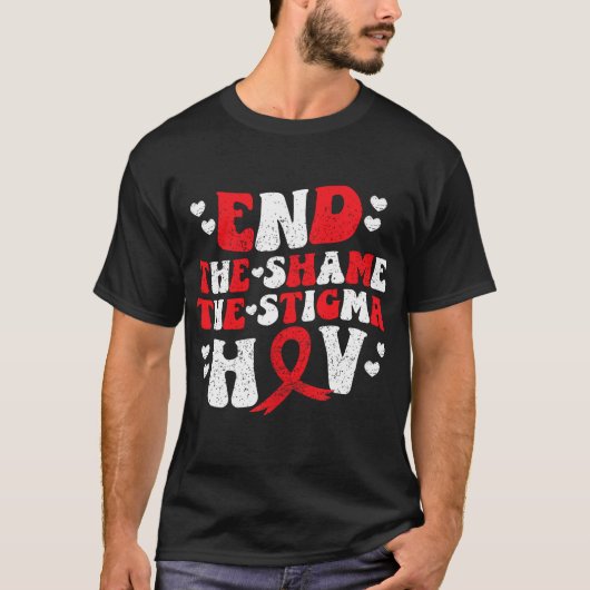 End The Shame The Stigma HIV AIDS Awareness Red Ri Tシャツ (正面)