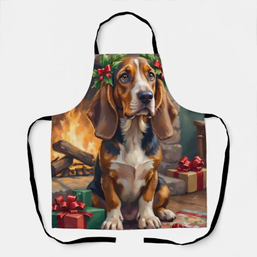 Endearing Basset Hound Dog with Christmas Wreath エプロン (正面)