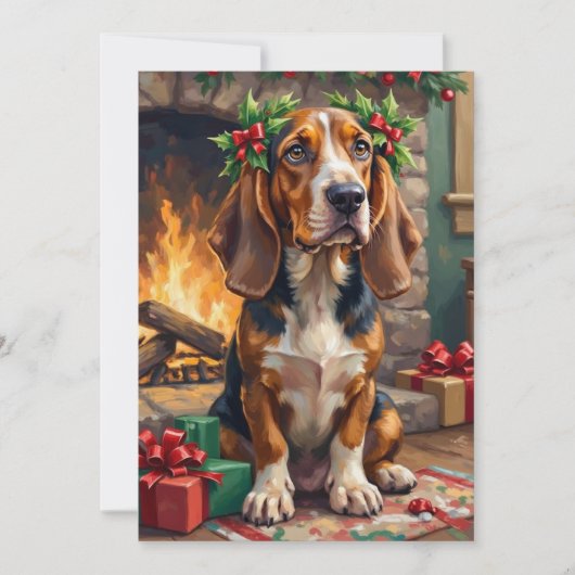 Endearing Basset Hound Dog with Christmas Wreath シーズンカード (正面)