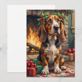 Endearing Basset Hound Dog with Christmas Wreath シーズンカード (正面/裏面)