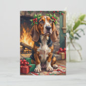Endearing Basset Hound Dog with Christmas Wreath シーズンカード (スタンド正面)