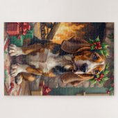 Endearing Basset Hound Dog with Christmas Wreath ジグソーパズル (横)