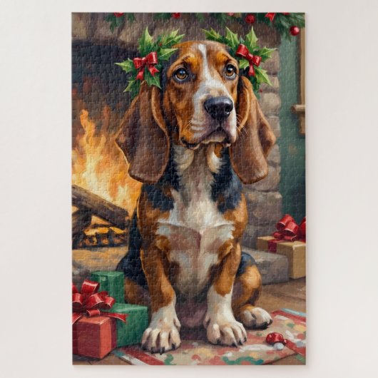 Endearing Basset Hound Dog with Christmas Wreath ジグソーパズル (縦)