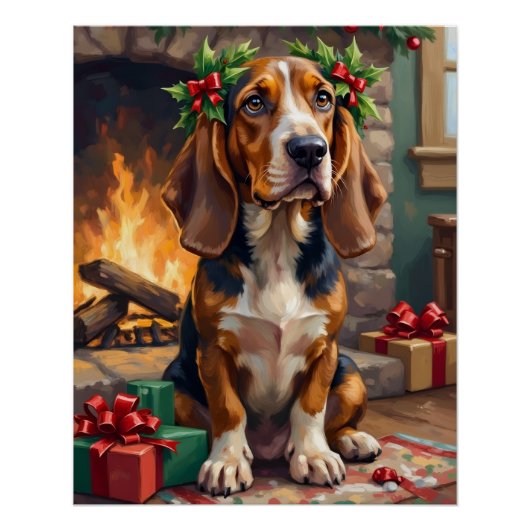 Endearing Basset Hound Dog with Christmas Wreath ポスター (正面)