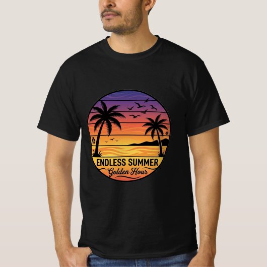 Endless Summer Retro Sunset Beach Palm T-Shirt Tシャツ (正面)