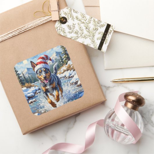 Energetic Blue Heeler Dog Winter Creek Christmas スクエアシール (ギフト)