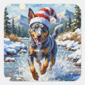 Energetic Blue Heeler Dog Winter Creek Christmas スクエアシール (正面)