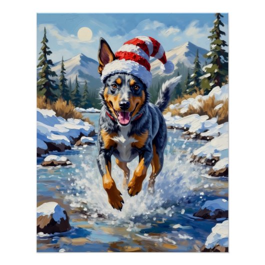 Energetic Blue Heeler Dog Winter Creek Christmas ポスター (正面)