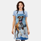 Energetic Boxer Dog Leaping in Winter Snow Fun エプロン (着用した状態)