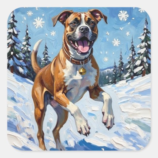Energetic Boxer Dog Leaping in Winter Snow Fun スクエアシール (正面)