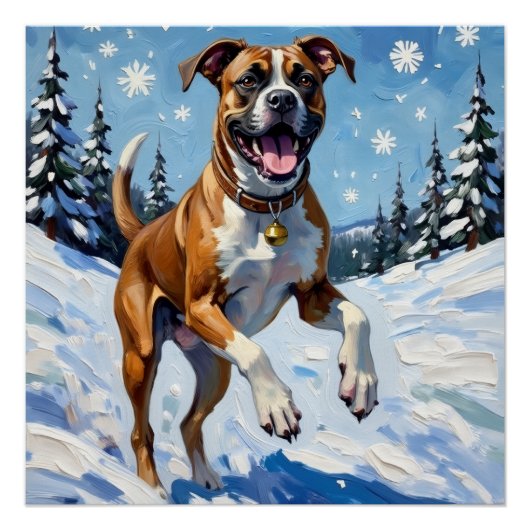 Energetic Boxer Dog Leaping in Winter Snow Fun ポスター (正面)