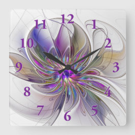 Energetic, Colorful Abstract Fractal Art Flower スクエア壁時計