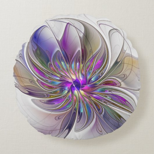 Energetic, Colorful Abstract Fractal Art Flower ラウンドクッション (正面)