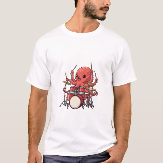 Energetic Red Octopus Drummer Multitasking Tシャツ (正面)