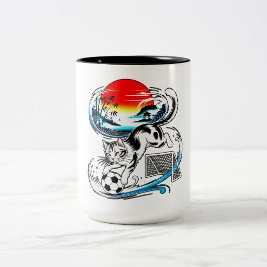 Energetic Soccer Cat Kawaii Gift for Football ツートーンマグカップ (中央)