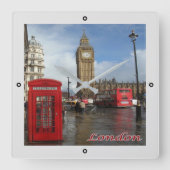 ENG063 LONDON BIG BEN, Double Decker Bus, Square W スクエア壁時計 (正面)