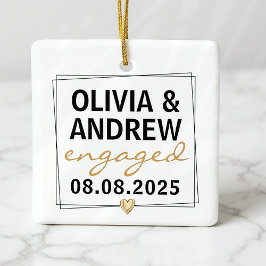 Engaged Black Gold Script Photo Keepsake セラミックオーナメント