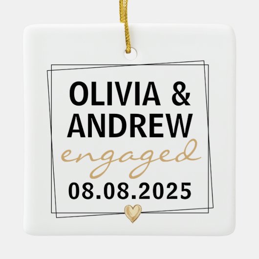 Engaged Black Gold Script Photo Keepsake セラミックオーナメント (正面)