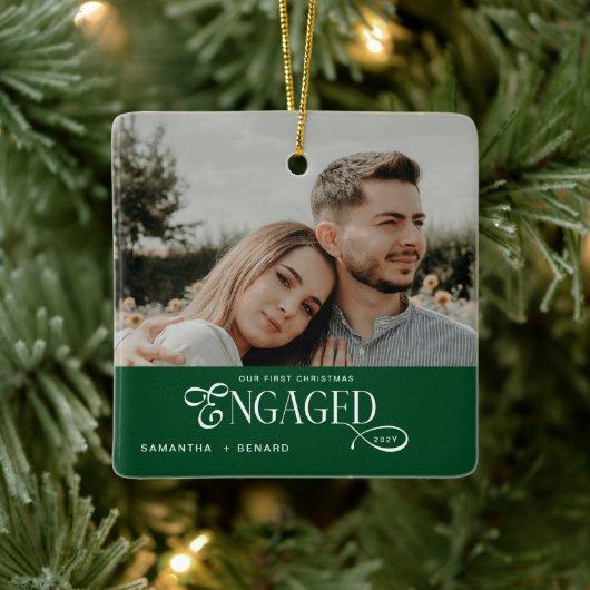 Engaged Couples  Photo Stylish First Christmas Cer セラミックオーナメント (ツリー)