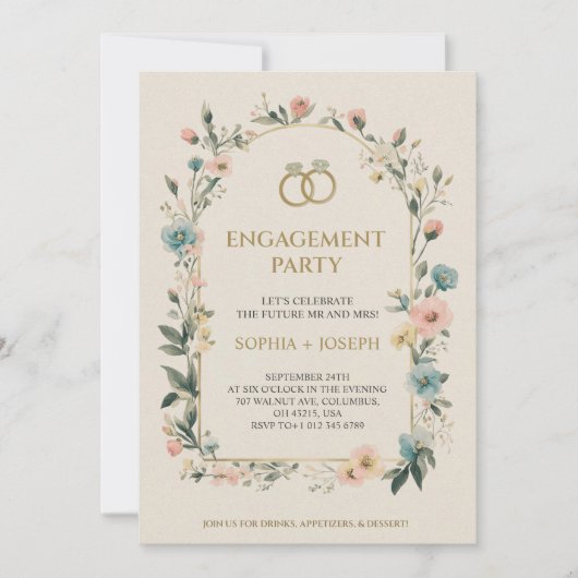 Engagement party Invitation with floral border 招待状 (正面)