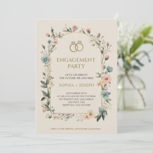 Engagement party Invitation with floral border 招待状 (スタンド正面)