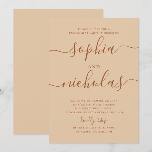 Engagement Party | Warm Peach Sand Script Wedding 招待状 (正面/裏面)