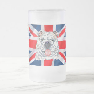 English BulldogとUnion Jack on frosted stein フロストグラスビールジョッキ