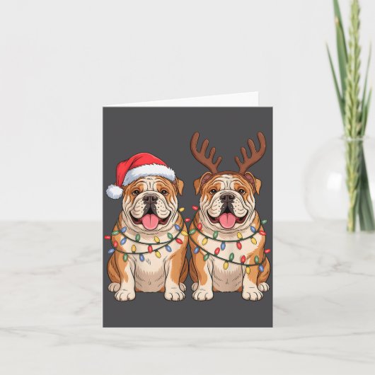 English Bulldog Christmas Santa Hat Reindeer Light カード (正面)
