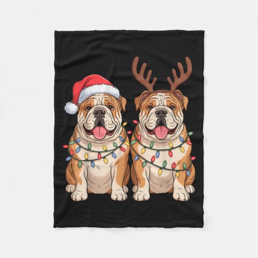 English Bulldog Christmas Santa Hat Reindeer Light フリースブランケット (正面)
