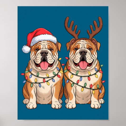 English Bulldog Christmas Santa Hat Reindeer Light ポスター (正面)