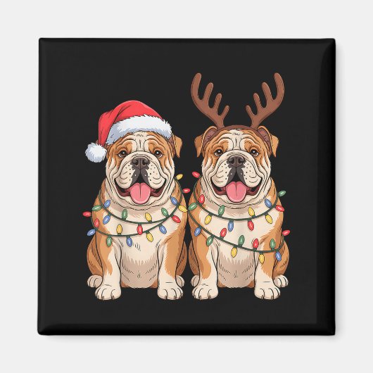 English Bulldog Christmas Santa Hat Reindeer Light マグネット (正面)
