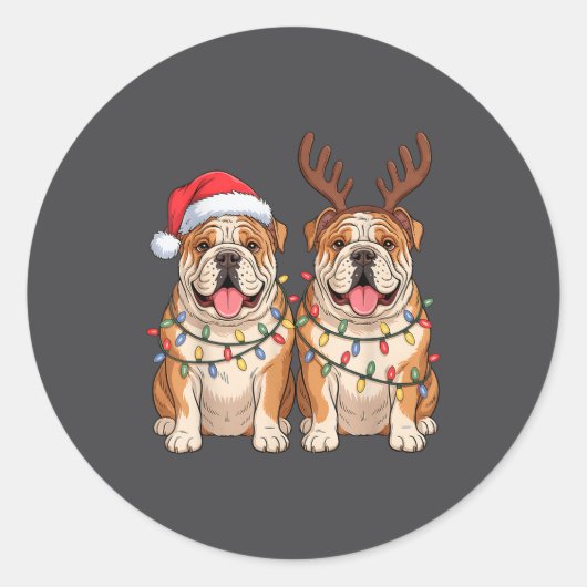 English Bulldog Christmas Santa Hat Reindeer Light ラウンドシール (正面)