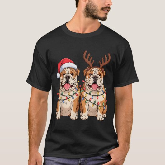 English Bulldog Christmas Santa Hat Reindeer Light Tシャツ (正面)